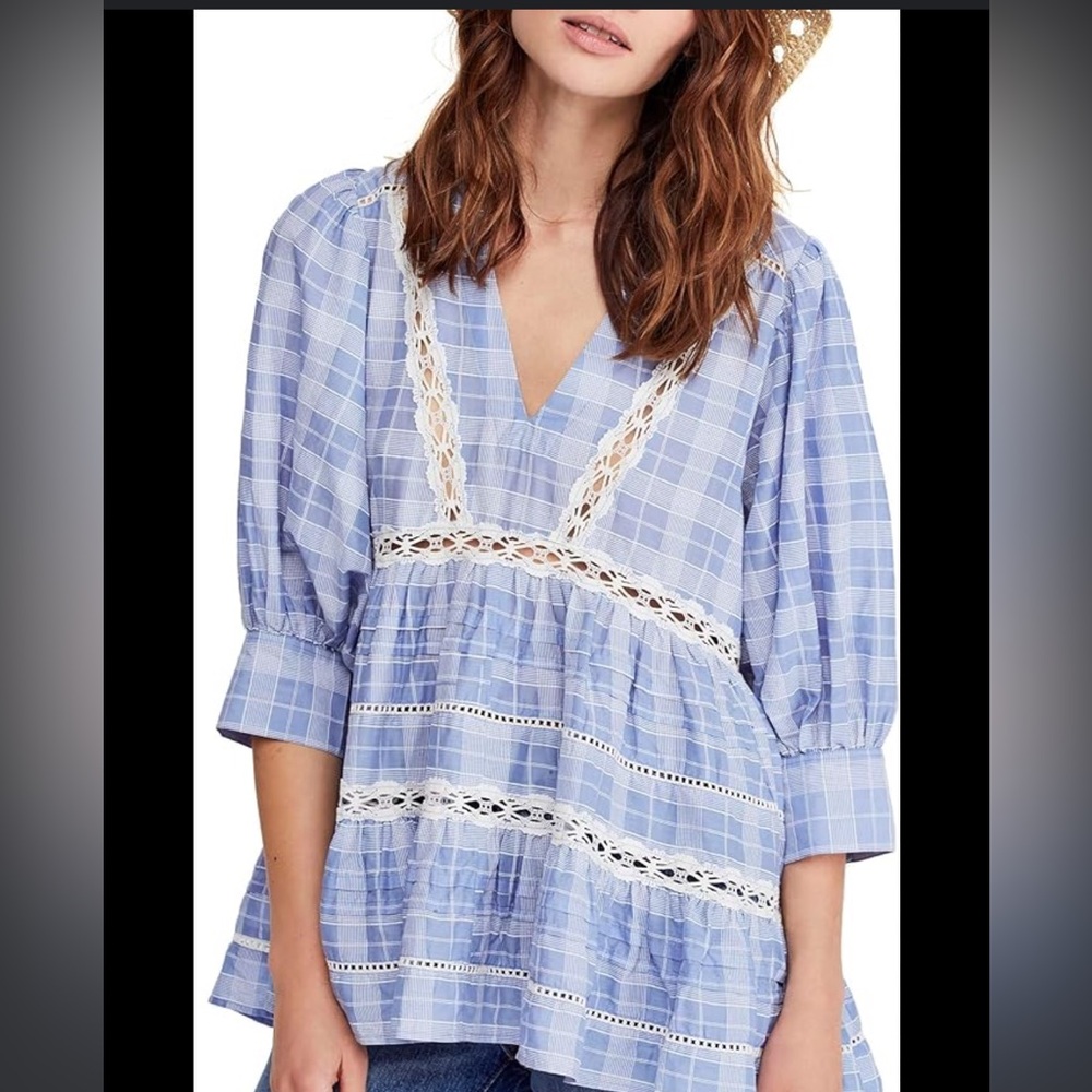 Free People Time Out embroidered plaid and lace tunic XS oversized